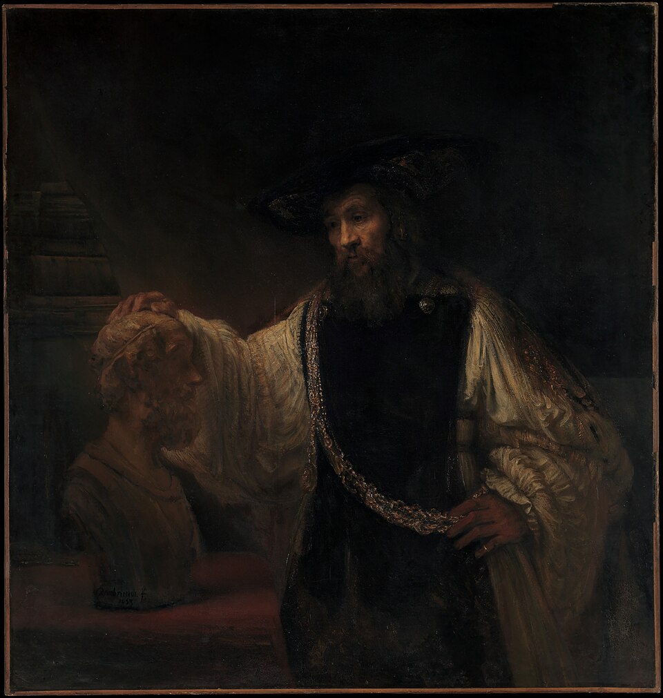 Rembrandt, Aristotle with a Bust of Homer: the philosopher rests his hand on a marble bust of Homer.