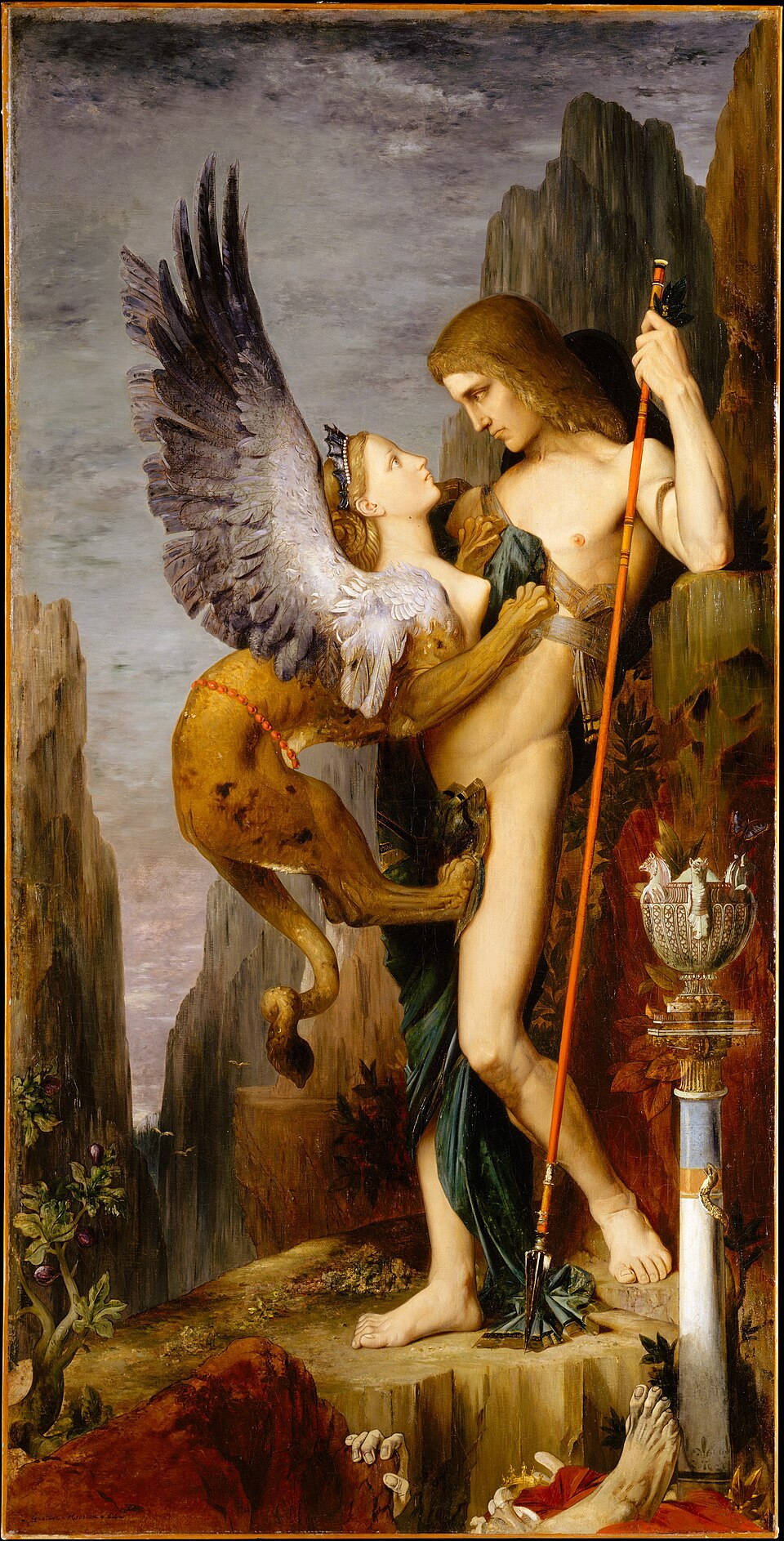Moreau, Oedipus and the Sphinx: the winged Sphinx clings to Oedipus's chest on a rocky pass.