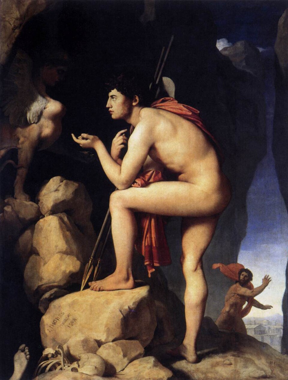 Ingres, Oedipus and the Sphinx: Oedipus, nude, questions the Sphinx at the mouth of a cave.