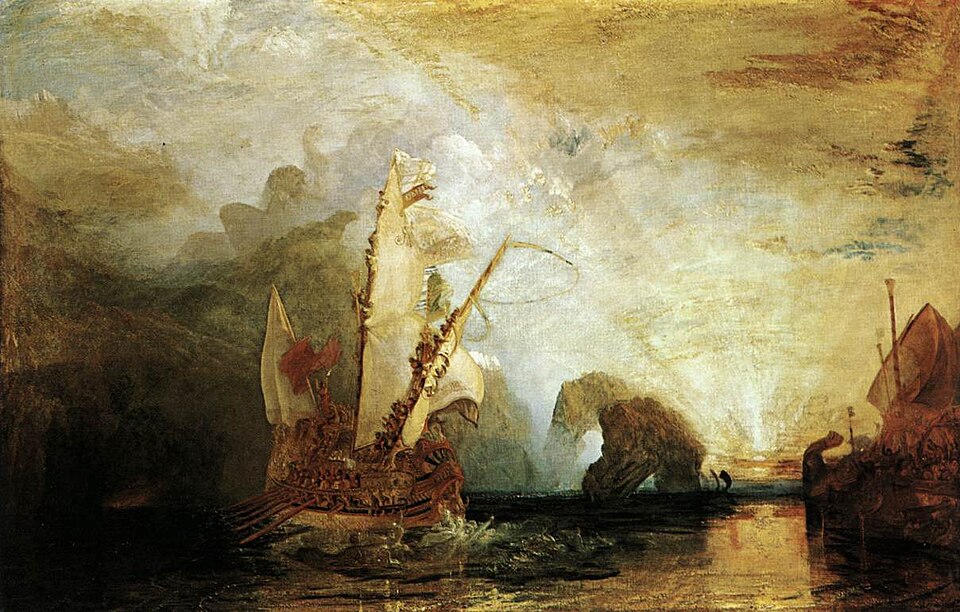 Turner, Ulysses Deriding Polyphemus: Odysseus's ship sails into a blazing sunrise beneath the Cyclops's island.