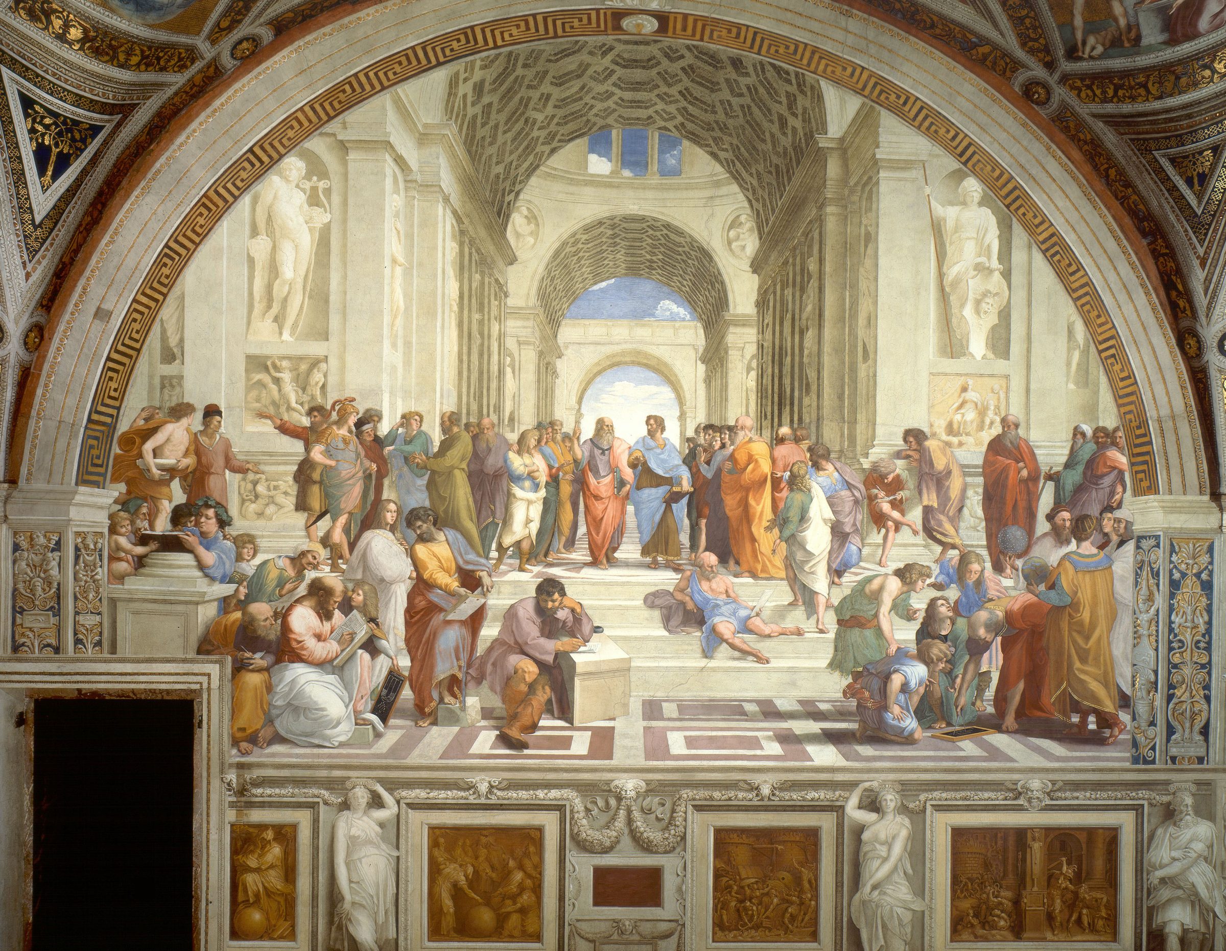 Raphael, The School of Athens: the philosophers of antiquity gathered in a great vaulted hall